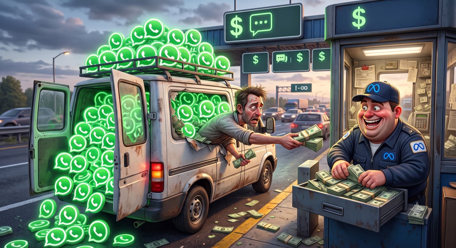 Cartoon of a van overflowing with WhatsApp message icons stopped at a Meta toll booth, the driver handing over cash